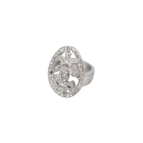 CHANEL Oval Statement Silver Cocktail Crystal Comete Star Pendant 07A Ring Sz6 - Picture 4 of 7